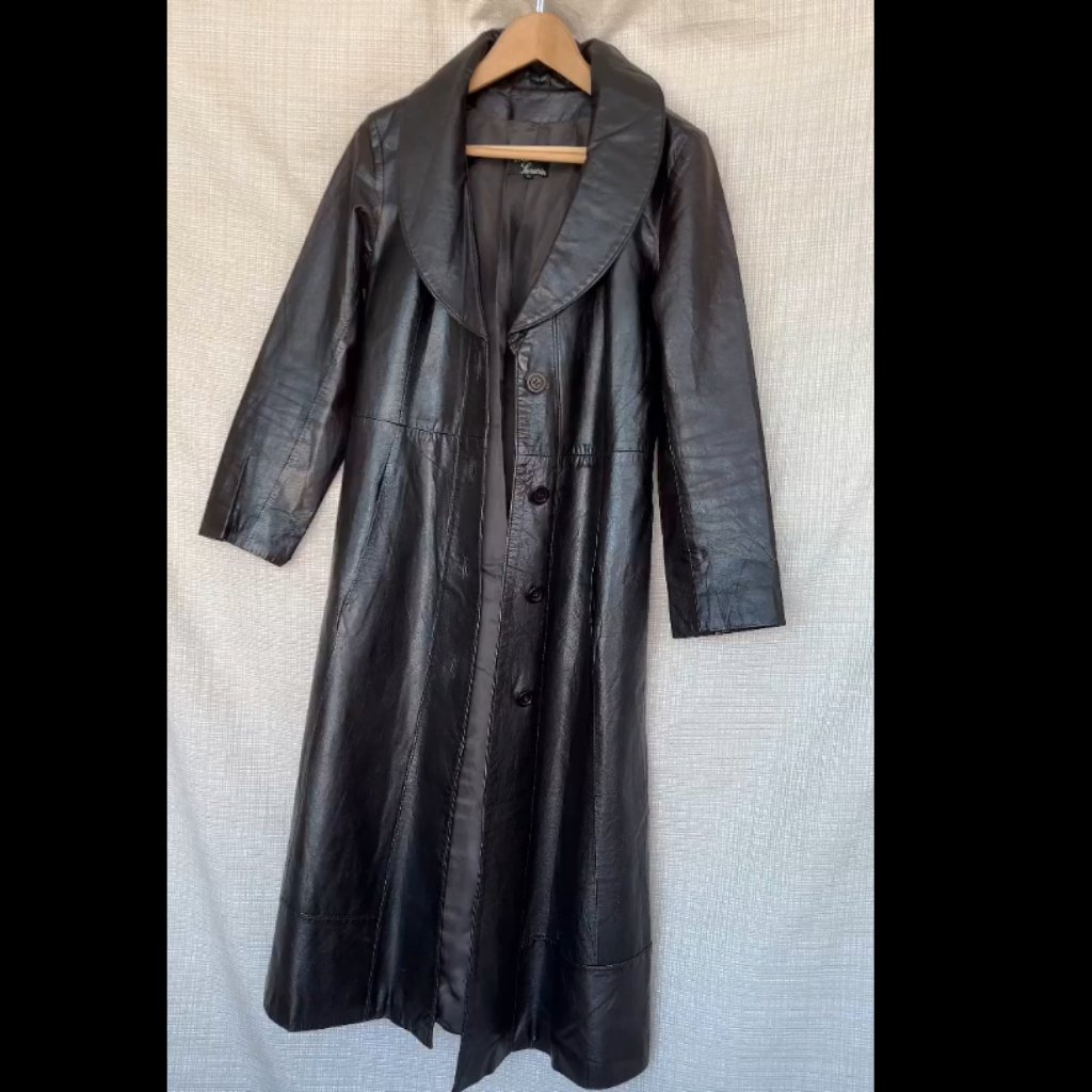 Vintage Leather Trench Coat Dark Brown Cinch Waist 100% Leather Duster Jacket